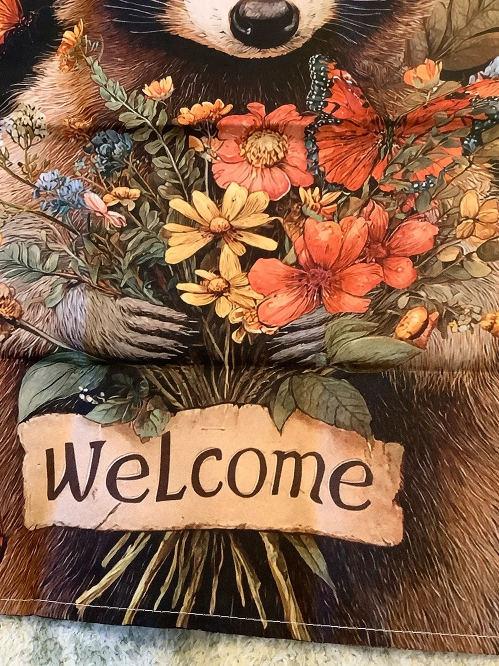 Welcome Raccoon Floral Small Fabric Garden Flag NWT 11.75” x 17.50”